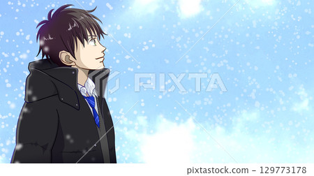 雪花輕輕飄落，高中或國中男生的動漫風格插圖，右側留白 129773178