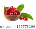 Elaeagnus multiflora isolated on white background. Cherry elaeagnus or cherry silverberry in wooden bowl. Goumi or gumi berry. 129773199