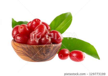 Elaeagnus multiflora isolated on white background. Cherry elaeagnus or cherry silverberry in wooden bowl. Goumi or gumi berry. 129773199