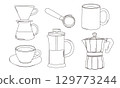 Line drawing illustrations of various coffee equipment 129773244