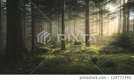 Forest where the morning sun shines through 129773340