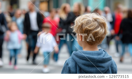 Young caucasian boy observing crowd in busy urban street. Young caucasian boy observing crowd in busy urban street. 129773515