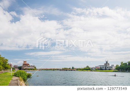Summer scenery of the Seta River near Seta no Karahashi Bridge, Otsu City, Shiga Prefecture Summer scenery of the Seta River near Seta no Karahashi Bridge, Otsu City, Shiga Prefecture 129773549