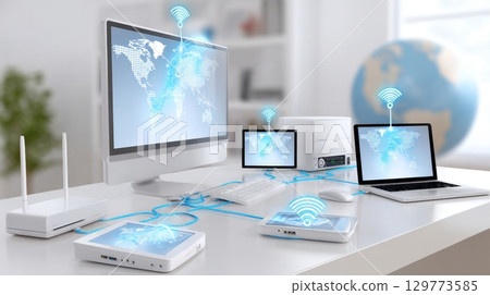 Modern office workspace with wireless technology and multiple devices connected. 129773585