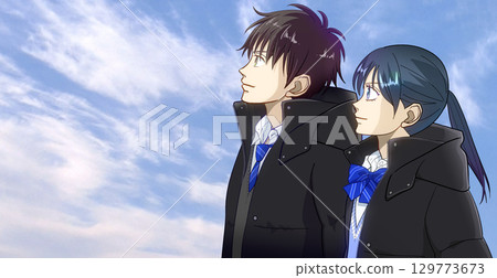 動漫風格的插圖，描繪了一對男女高中生或初中生仰望冬日的天空，左側有空白 129773673