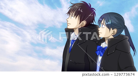 Anime-style illustration of a male and female high school or junior high school student looking up at the winter sky, with space on the left 129773674
