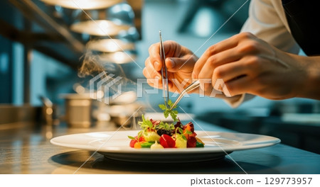 Professional chef hands meticulously garnishing a gourmet dish with fresh herbs and tweezers in a high end kitchen. 129773957