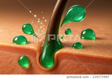 Detailed 3D illustration of hair follicle and skin absorbing green liquid treatment 129773997