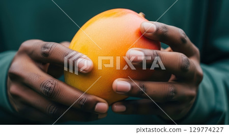 Dark skin hands gently holding a single fresh ripe mango, showcasing tropical fruit Dark skin hands gently holding a single fresh ripe mango, showcasing tropical fruit 129774227