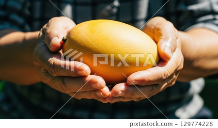 Close up of hands gently holding a single ripe yellow mango fruit, fresh from harvest 129774228