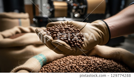 Professional close up of a gloved hand holding freshly roasted coffee beans in a roastery Professional close up of a gloved hand holding freshly roasted coffee beans in a roastery 129774288
