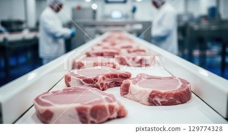 Fresh raw pork chops moving on conveyor belt in hygienic meat processing plant 129774328
