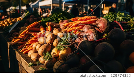 Vibrant freshly harvested root vegetables on rustic stall at farmers market 129774333