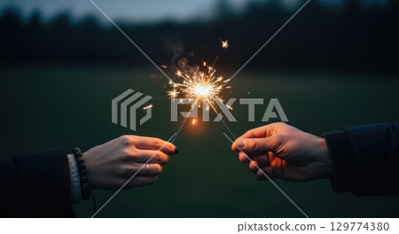 Two hands holding burning sparklers at night, symbolizing celebration and joy Two hands holding burning sparklers at night, symbolizing celebration and joy 129774380