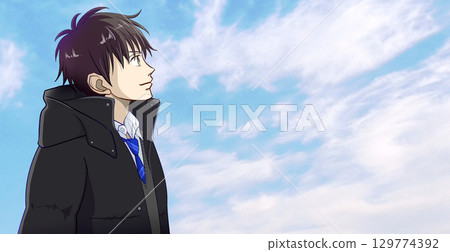 Anime-style illustration of a high school or middle school boy looking up at the winter sky, with white space on the right 129774392