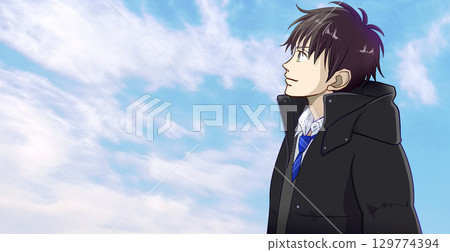 Anime-style illustration of a high school or middle school boy looking up at the winter sky, with white space on the left Anime-style illustration of a high school or middle school boy looking up at the winter sky, with white space on the left 129774394