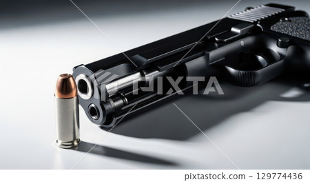 Black semi automatic handgun with open slide and bullet on white surface 129774436