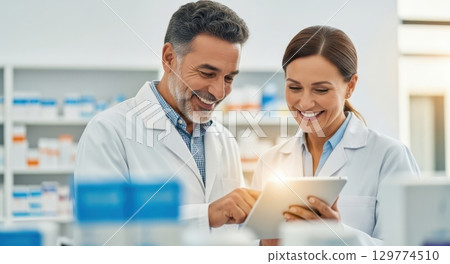 Smiling male and female pharmacists consulting on a digital tablet in a modern pharmacy 129774510
