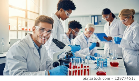 Smiling young male scientist in a modern laboratory with diverse team conducting research. 129774515