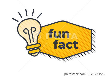 Bright fun fact icon with trivia text and lightbulb for infographic or quiz banner, with vector label design for advice, idea, or knowledge template 129774552