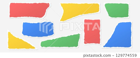 Collage kit made of bright torn paper colourful torn sheets and scraps for mixed media and scrapbooking. Vector notes 129774559