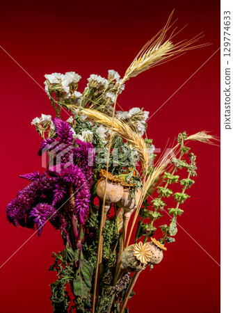 Dried Flower and Wheat Bouquet on Vibrant Red Surface 129774633