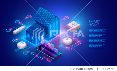 Smart home technology isometric concept. Smart home automation. Phone controls icons home electronics devices. Smart home controlled smartphone. IOT. 129774670