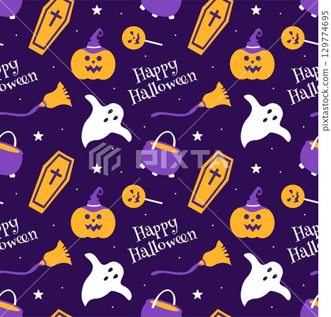 Happy Halloween Night Festival Seamless Pattern Design with Spooky Elements in Illustration Template 129774695