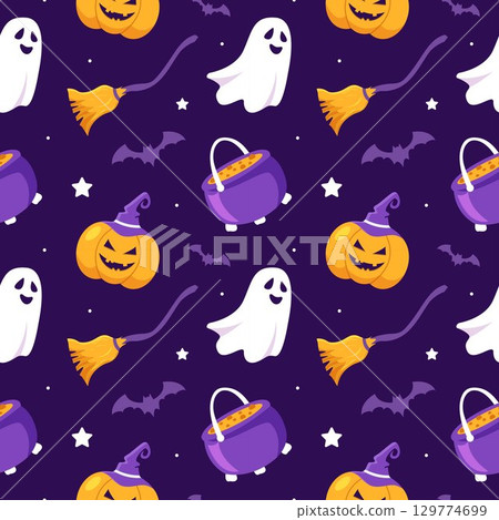 Happy Halloween Night Festival Seamless Pattern Design with Spooky Elements in Illustration Template 129774699
