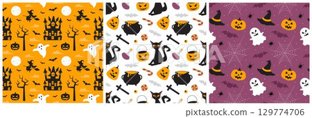 Happy Halloween Night Festival Seamless Pattern Design with Spooky Elements in Illustration Template 129774706