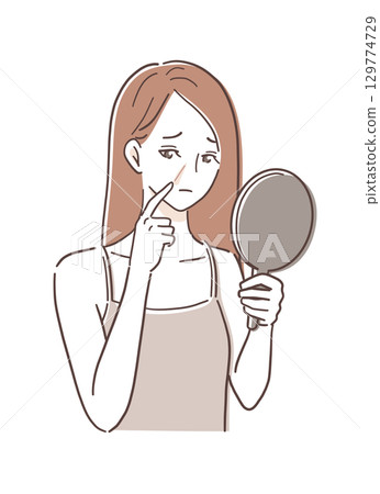 一位女士看著手鏡，擔心自己的法令紋的插圖素材 129774729