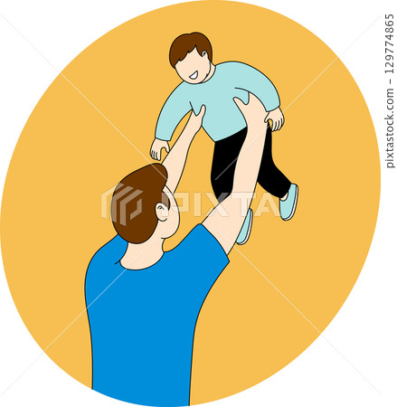 Vector illustration of a father holding and lifting his baby child happily in the air, rear view family love concept. Perfect for parenting, fatherhood, childhood, and family lifestyle themes. 129774865