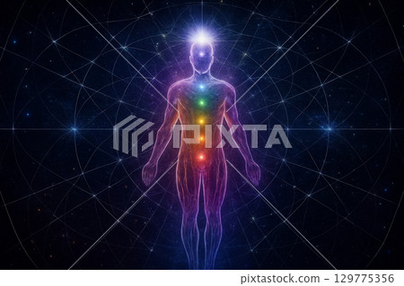 AI generated conceptual art of a glowing human figure radiating rainbow chakra energy and surrounded by cosmic light representing spiritual awakening and universal connection 129775356