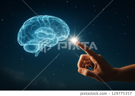 AI generated conceptual digital art showing a glowing brain touched by a human finger with radiant light symbolizing knowledge connection inspiration and abstract consciousness 129775357