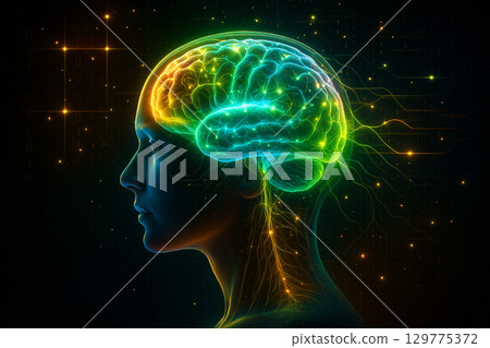 AI generated conceptual digital art of a glowing brain inside a human profile head with colorful energy lines and futuristic data network background 129775372