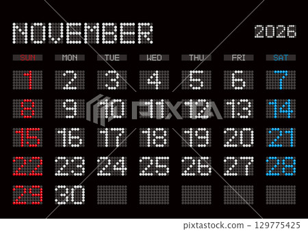 November 2026 electronic billboard-style calendar, starts on Sunday, no Japanese holidays 129775425