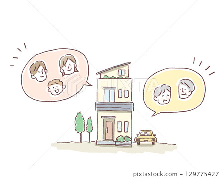 房子和家庭,雙戶住宅,白色背景 房子和家庭,雙戶住宅,白色背景 129775427