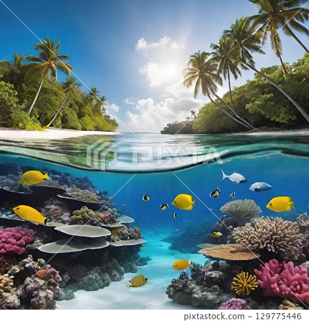 A sandy beach with palm trees and vibrant coral reefs filled with colorful fish 129775446