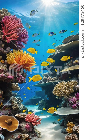 A sandy beach with palm trees and vibrant coral reefs filled with colorful fish 129775450