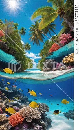 A sandy beach with palm trees and vibrant coral reefs filled with colorful fish 129775451