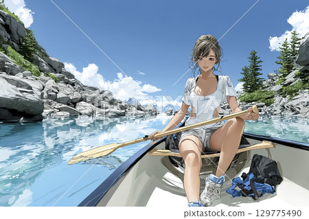 一位女士在清澈的溪流中享受皮划艇的插圖素材 129775490