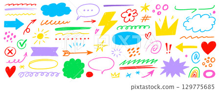 Hand drawn line chalk set. Crayon line arrow, speech bubble, pencil highlight and textured brush icon with cartoon heart, hand drawn marker element. Chalkboard frame sketch. Vector 129775685