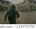 People evacuating due to heavy rain and flooding 129775797