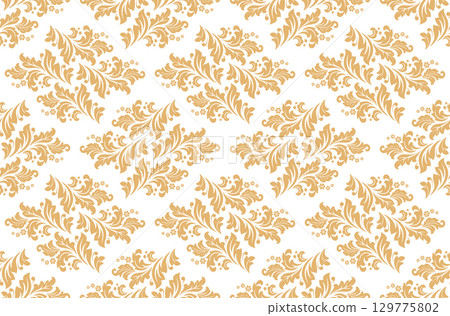 Floral pattern. Seamless vector background. Vintage wallpaper in the Baroque style. White and golden ornament for fabric, wallpaper, packaging. Ornate Damask flower illustration 129775802