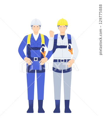 Male construction worker wearing a full harness. Illustration set of a duo working at heights with safety as the top priority 129775888