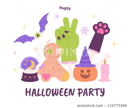 Halloween party poster. Cartoon voodoo doll, creepy cat paw on bone, zombie green hand and pumpkin in witch hat. Autumn festival elements, vector scene 129775896