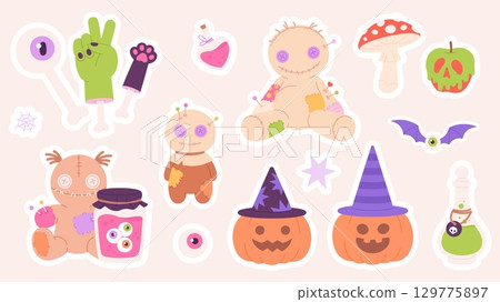 Halloween elements sticker pack. Cartoon bones, zombie hand, cat paw, voodoo dolls, poison bottles and spider web. Witchcraft set, vector clipart 129775897
