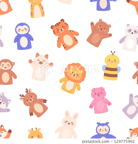 Cute animals finger puppets seamless pattern. Funny childish theater toys. Isolated bunny pig wolf cat fox. Cartoon print design for fabric or wallpaper, vector background 129775902