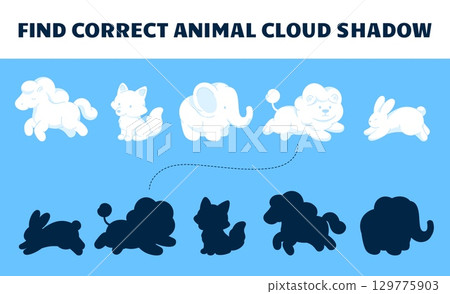 Children puzzle game find correct shadow. Cartoon animals shapes clouds, fox horse bunny elephant lion. Development kids play, vector template 129775903