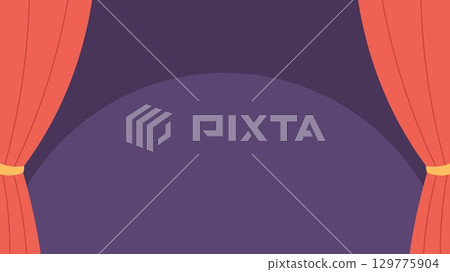 Banner with theater stage background. Open red curtain in theater or circus. Poster with empty space for design, presentation, diploma, vector template 129775904